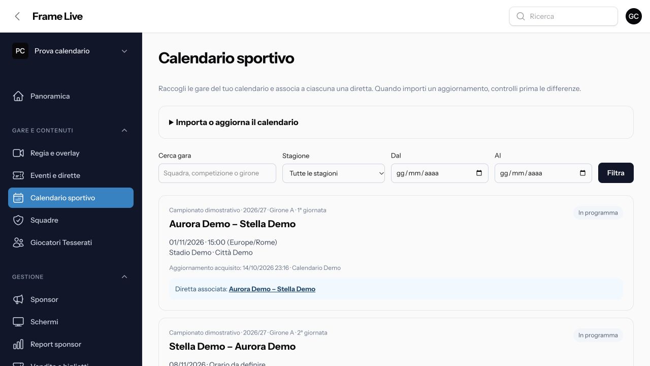 Calendario sportivo del gestionale con gare dimostrative