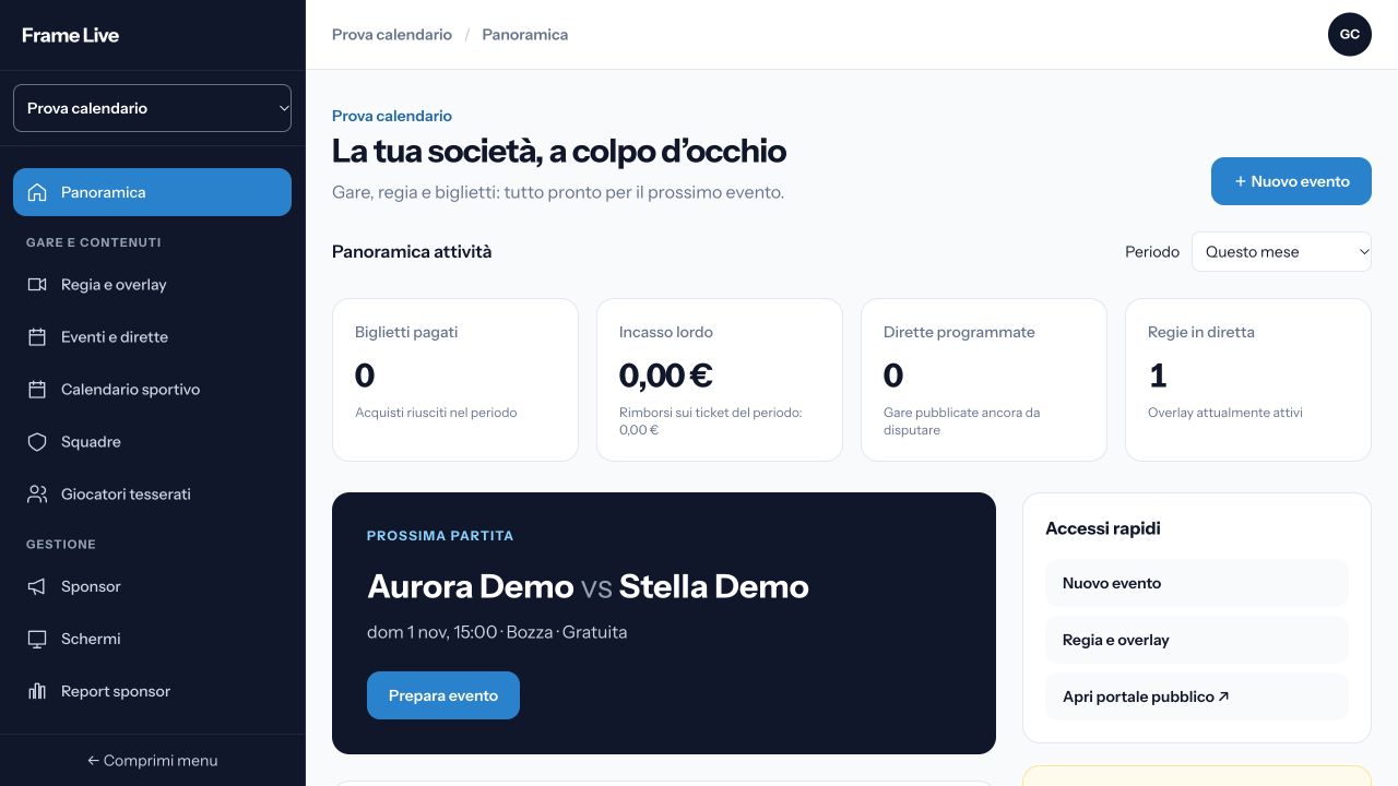 Panoramica del gestionale Frame Live con dati dimostrativi