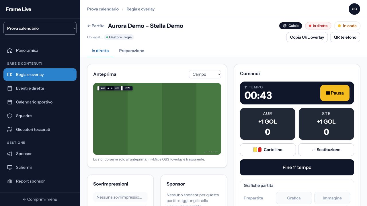 Pannello reale Frame Live per i comandi di regia, con dati dimostrativi